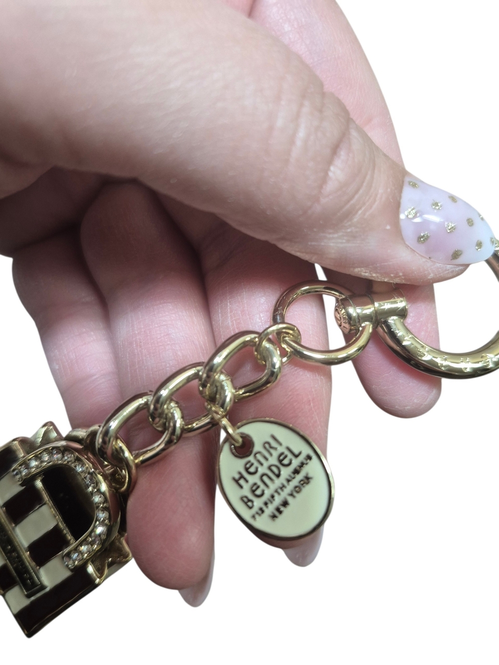 RARE Henri Bendel Brown & White Striped Swarvoski Crystal Shopping Bag Keychain - Picture 2 of 9
